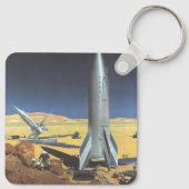 レトロなSF砂漠の惑星とロケット, キーホルダー (裏面)