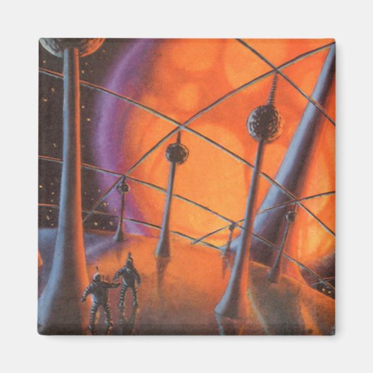 レトロなSF、アオレンジ色の太陽とエイリアン マグネット (正面)