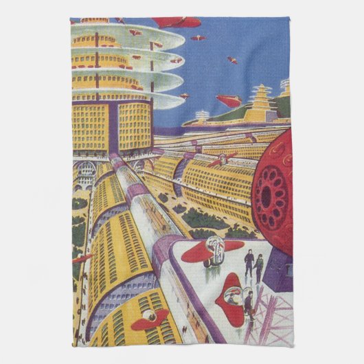 レトロなSF、未来のニューヨーク キッチンタオル (縦)