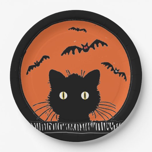 レトロによって驚かされる黒猫ハロウィン9"紙皿 ペーパープレート (正面)
