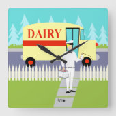 レトロのいなか町の牛乳配達人のアクリルの柱時計 スクエア壁時計 (正面)