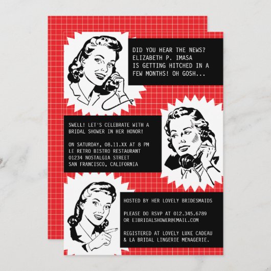 レトロのうわさ話Galsのブライダルシャワー招待状 招待状 (正面/裏面)