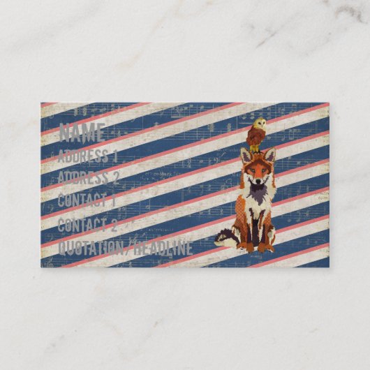 レトロのこはく色のキツネ及びフクロウの名刺 名刺 (正面)