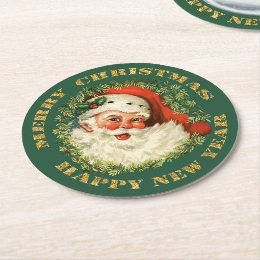 レトロのすてきで古いサンタおよびリース ラウンドペーパーコースター (アングル)
