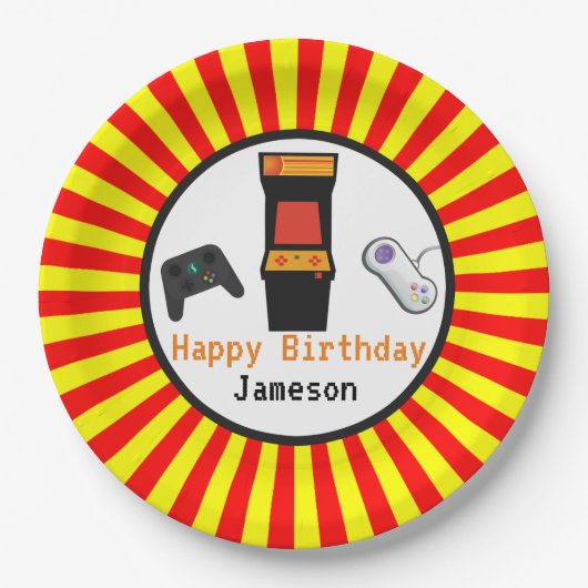 レトロのアーケードのビデオゲームコンソール誕生日 ペーパープレート (正面)