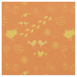 レトロのオレンジ色と黄色の鳥の模様と点 ファブリック