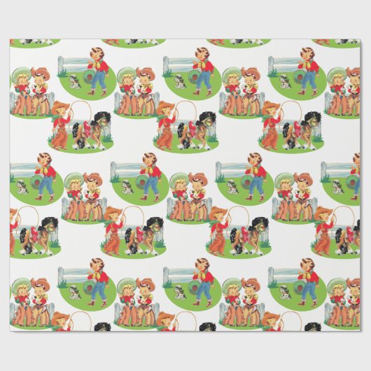 レトロのカウボーイの女性のカーボーイの子供の誕生日 ラッピングペーパー (フラット)