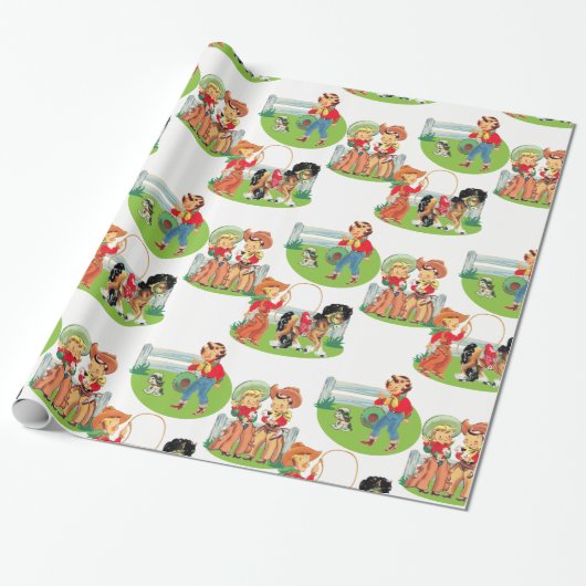 レトロのカウボーイの女性のカーボーイの子供の誕生日 ラッピングペーパー (アンロールド)