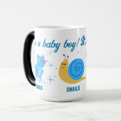 レトロのカエルとカタツムリ性別それが男の子であることを明らかにする モーフィングマグカップ (正面左)