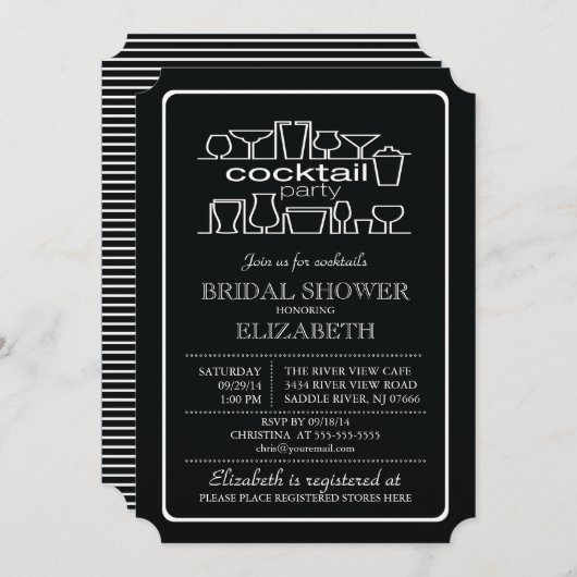 レトロのカクテルパーティーのブライダルシャワー 招待状 (正面/裏面)