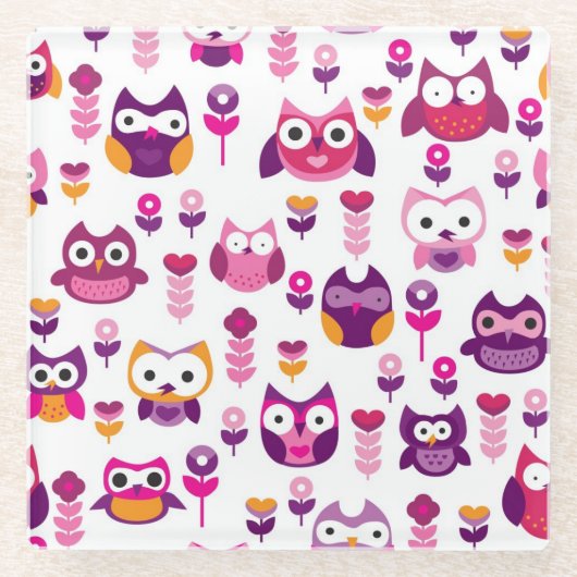 レトロのカラフルなフクロウの鳥パターン ガラスコースター (正面)