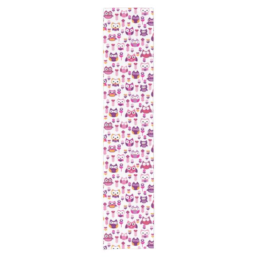 レトロのカラフルなフクロウの鳥パターン ショートテーブルランナー (正面)