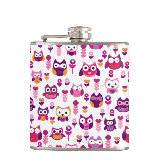 レトロのカラフルなフクロウの鳥パターン フラスク (正面)