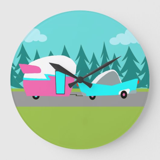 レトロのキャンピングカー/トレーラーおよび車の柱時計 ラージ壁時計 (正面)