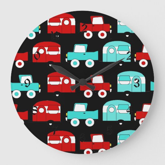 レトロのキャンプのトレーラーのターコイズの赤いヴィンテージ車 ラージ壁時計 (正面)