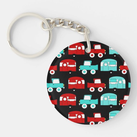 レトロのキャンプのトレーラーのターコイズの赤いヴィンテージRV キーホルダー (正面)