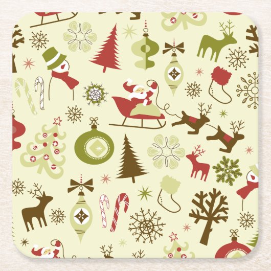 レトロのクリスマスのスケッチの継ぎ目が無いパターン スクエアペーパーコースター (正面)
