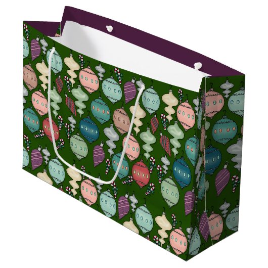 レトロのクリスマスのリロード-濃緑色のパステル ラージペーパーバッグ (正面アングル)