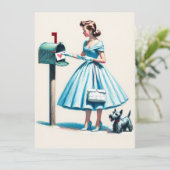 レトロのクリスマスの女性とスコティ犬のメールボックス シーズンカード (スタンド正面)