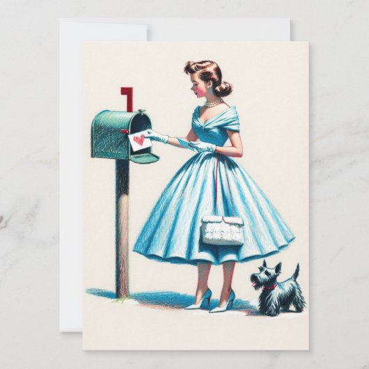 レトロのクリスマスの女性とスコティ犬のメールボックス シーズンカード (正面)