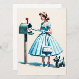 レトロのクリスマスの女性とスコティ犬のメールボックス シーズンカード