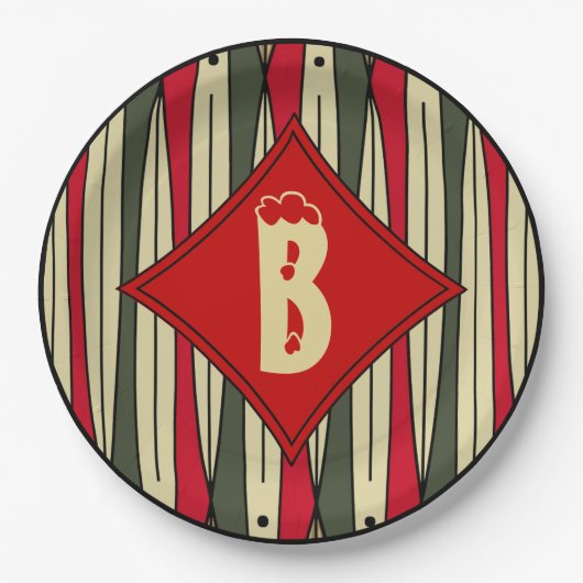 レトロのクリスマスカラーの弦美術モノグラムの ペーパープレート (正面)