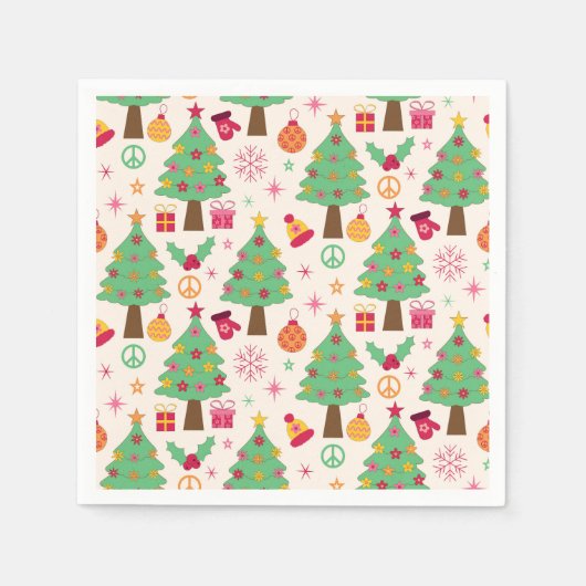 レトロのクリスマスツリーと平和のサインのパターン スタンダードカクテルナプキン (正面)