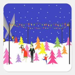 レトロのクリスマスツリーの農場のステッカー スクエアシール