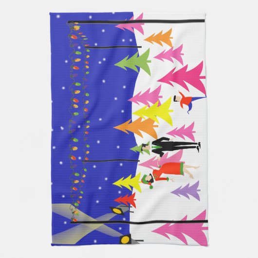 レトロのクリスマスツリーの農場の台所タオル キッチンタオル (縦)