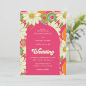 レトロのグルーヴ熱いピンクのオレンジと白のデイジー 招待状 (スタンド正面)