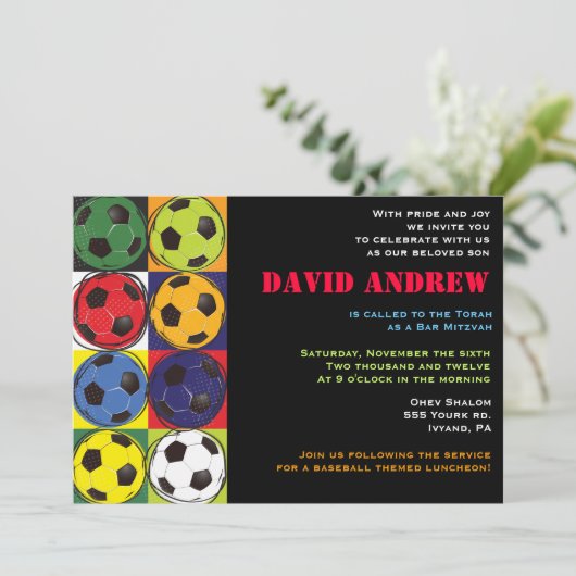 レトロのサッカーのテーマのバーのバルミツワーの招待状 招待状 (スタンド正面)