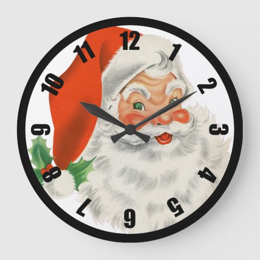 レトロのサンタクロースおよびヒイラギ ラージ壁時計 (正面)