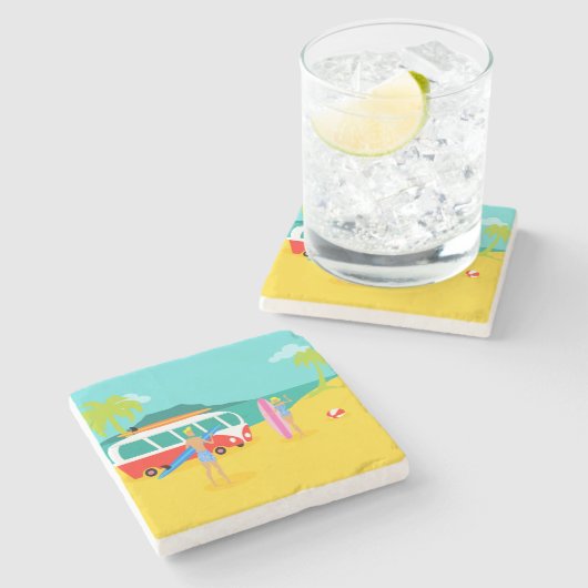 レトロのサーファーのカップルの石のコースター ストーンコースター (横)