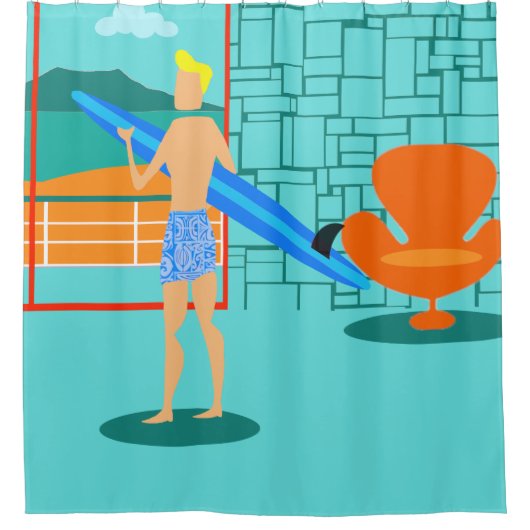 レトロのサーファーの男のシャワー・カーテン シャワーカーテン (正面)