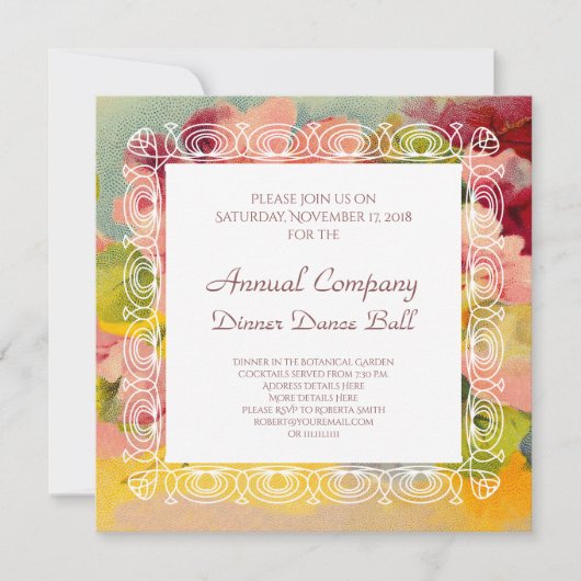 レトロのシックでエレガントなピンクのヴィンテージの花柄のサクラソウ 招待状 (正面)