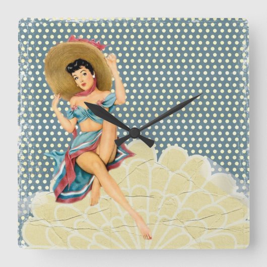 レトロのシックなピンナップの女の子 スクエア壁時計 (正面)
