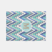 レトロのジグザグ形のシェブロンのティール(緑がかった色)のブルーグレーの暗灰色の白 フリースブランケット (正面(横))