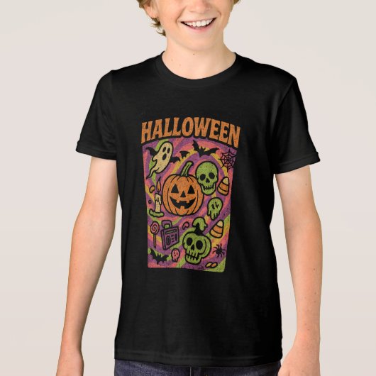 レトロのジャックオランタンハロウィーンの服ユニセックス トライブレンドTシャツ (正面)