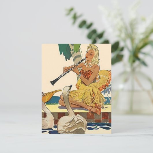 レトロのスタイルのルアウ(ハワイ式宴会)のプールを囲んでのパーティの腰蓑の招待状 招待状 (スタンド正面)