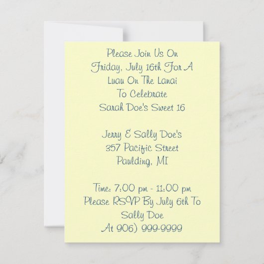 レトロのスタイルのルアウ(ハワイ式宴会)のプールを囲んでのパーティの腰蓑の招待状 招待状 (裏面)