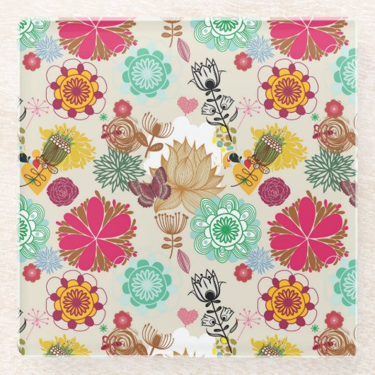 レトロのスタイルの花パターン ガラスコースター (正面)