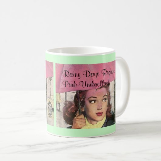 レトロのスタイルの雨の日及びピンクの傘のマグ コーヒーマグカップ (正面右)