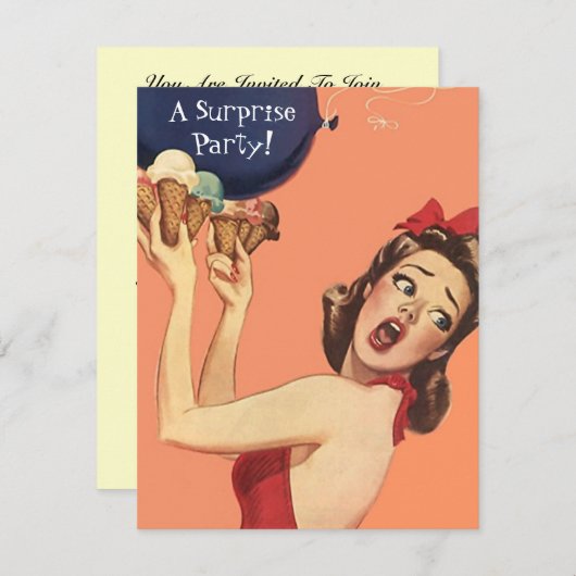 レトロのスタイルの驚きのパーティの招待状の気球gal 招待状 (正面/裏面)