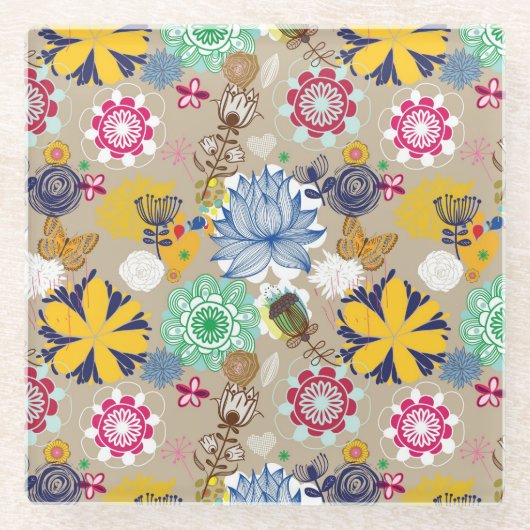 レトロのスタイル3の花パターン ガラスコースター (正面)