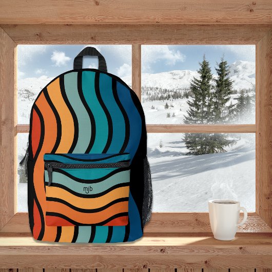 レトロのストライプ波状イニシャル プリントバックパック