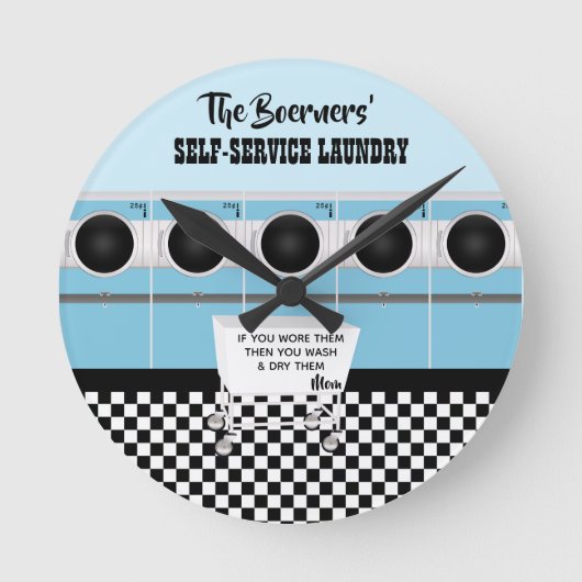 レトロのセルフサービスで洗濯をする ラウンド壁時計 (正面)
