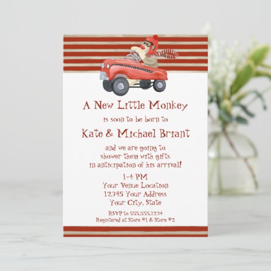 レトロのソックス猿wのペダル車の男の赤ちゃんのギフト 招待状 (スタンド正面)