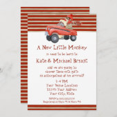 レトロのソックス猿wのペダル車の男の赤ちゃんのギフト 招待状 (正面/裏面)