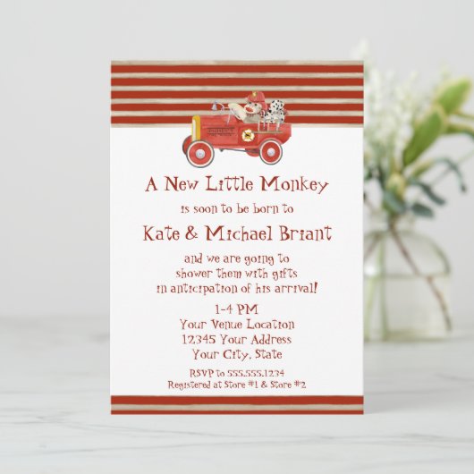 レトロのソックス猿wの消防車の男の赤ちゃんのギフト 招待状 (スタンド正面)