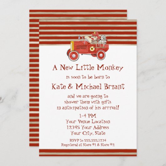 レトロのソックス猿wの消防車の男の赤ちゃんのギフト 招待状 (正面/裏面)